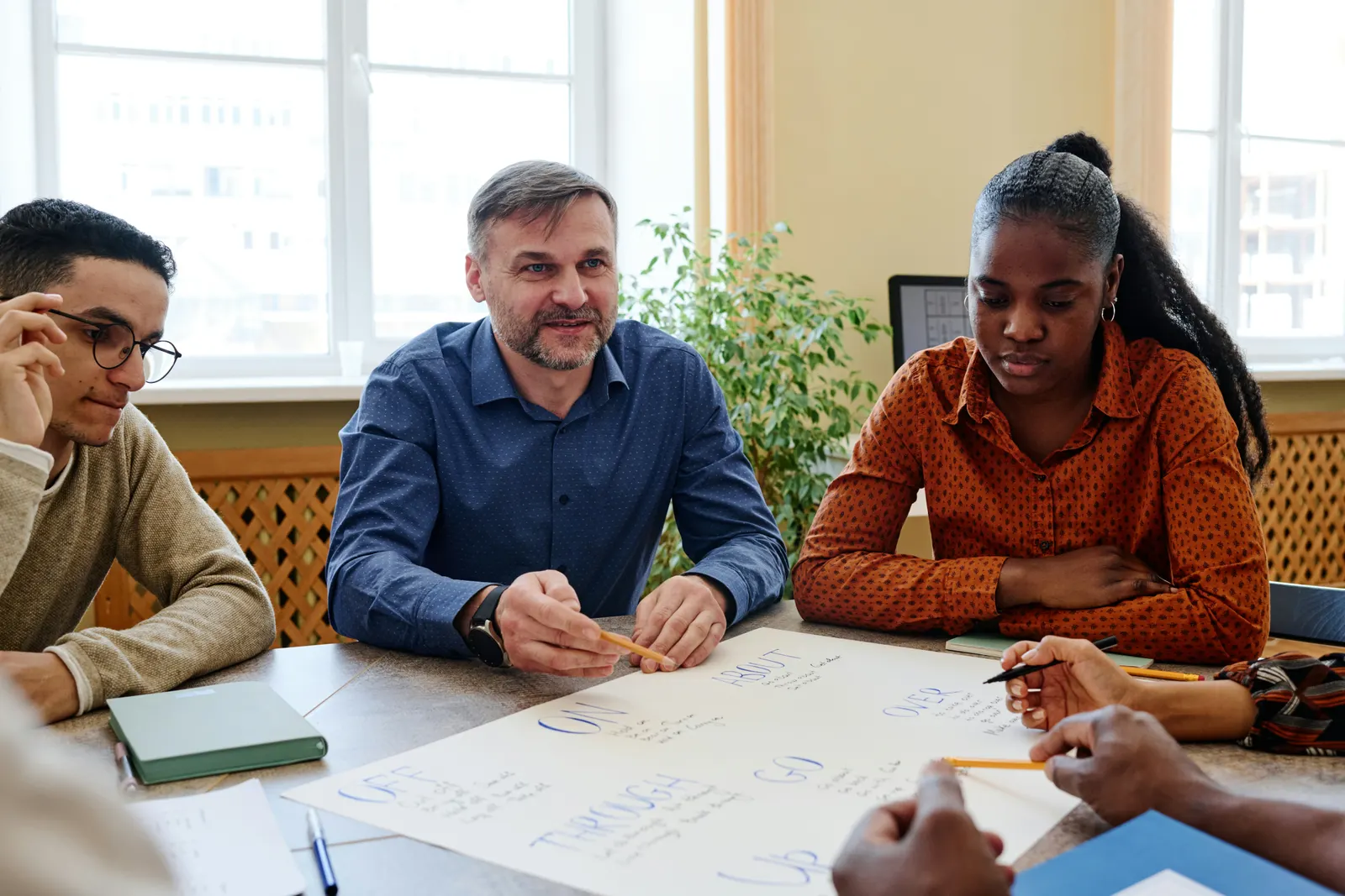 A small group talking around a table during a language class