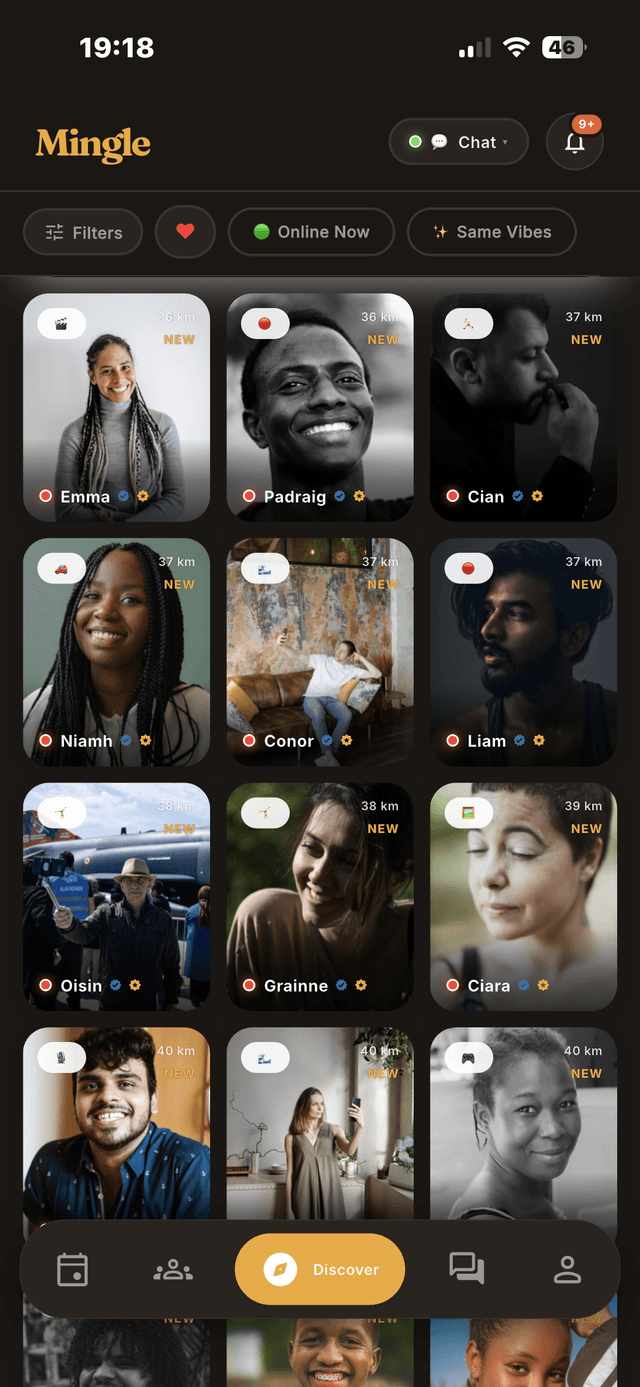The Mingle app Discover screen showing people nearby tagged by activity such as coffee, cycling and yoga