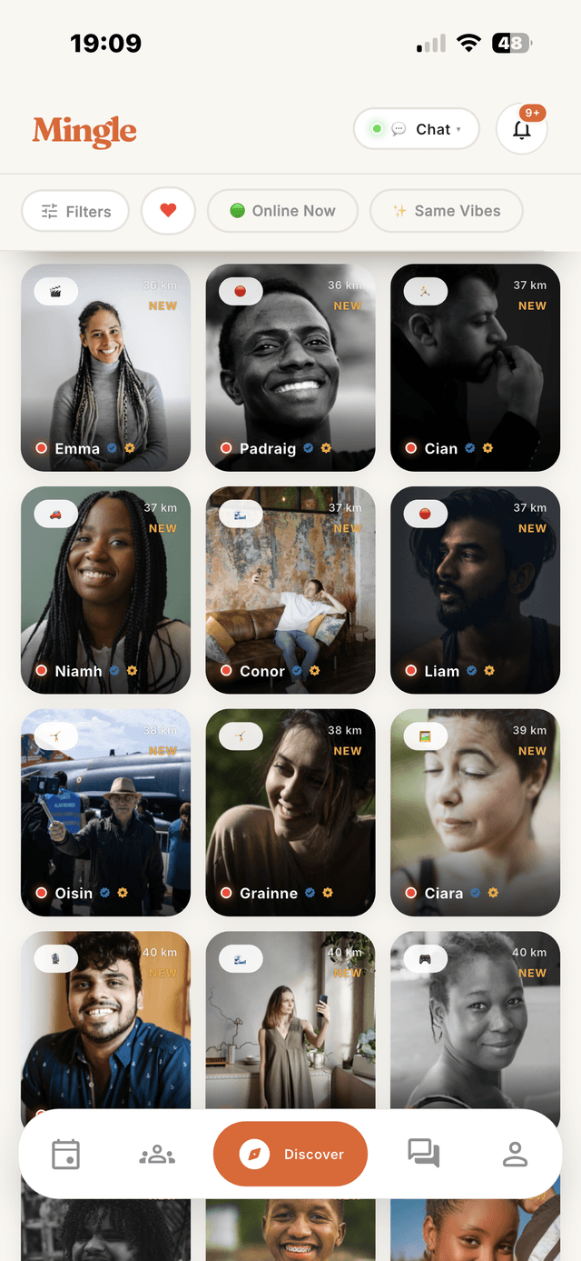The Mingle app Discover screen showing people nearby tagged by activity such as coffee, cycling and yoga